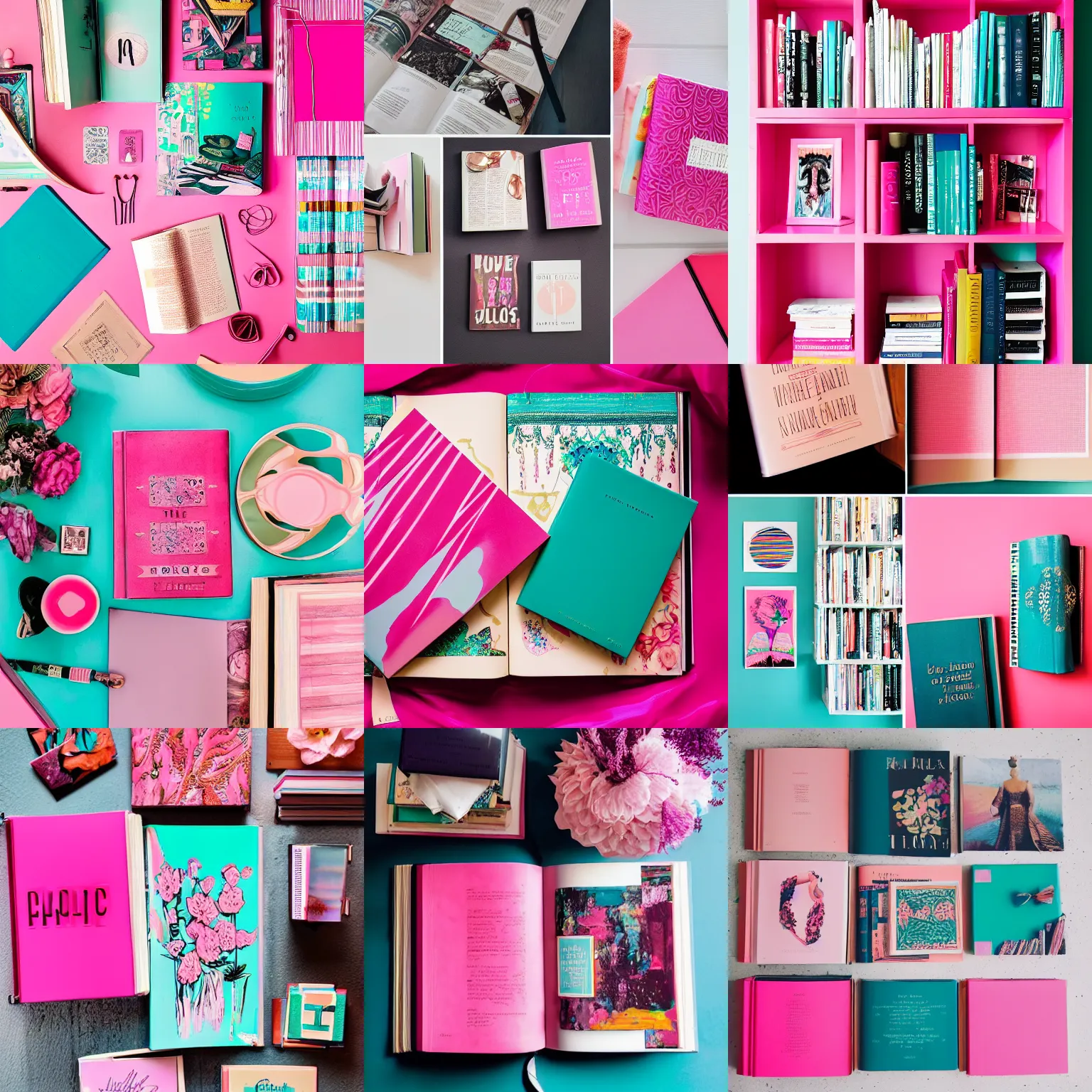 Prompt: flatlay book collection, vivid colors, dramatic lighting, pink and teal