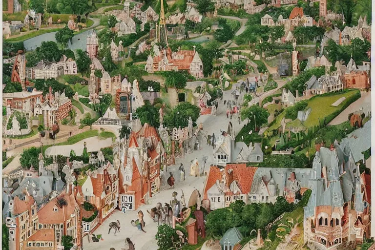 Image similar to an elaborate and dense painting of a peaceful neighborhood, detailed, made of alcohol ink on parchment and penned illustrations, by wes anderson!!!!!!!! and ( ( ( ( ( ( ( ( ( ( hieronymus bosch ) ) ) ) ) ) ) ) ) ) and geoff darrow!!!!!!!!