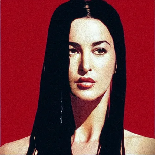 Prompt: realistic portrait of young Monica Bellucci wearing a red dress in the movie The Matrix,