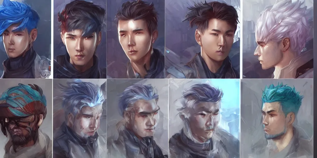 Prompt: concept art of rugged korean male netrunner d & d video game characters head designs, unique hair designs, by marc brunet and artgerm