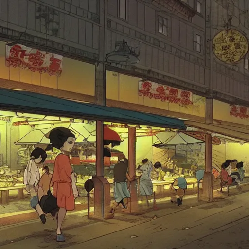 Prompt: a hawker centre at night, by satoshi kon