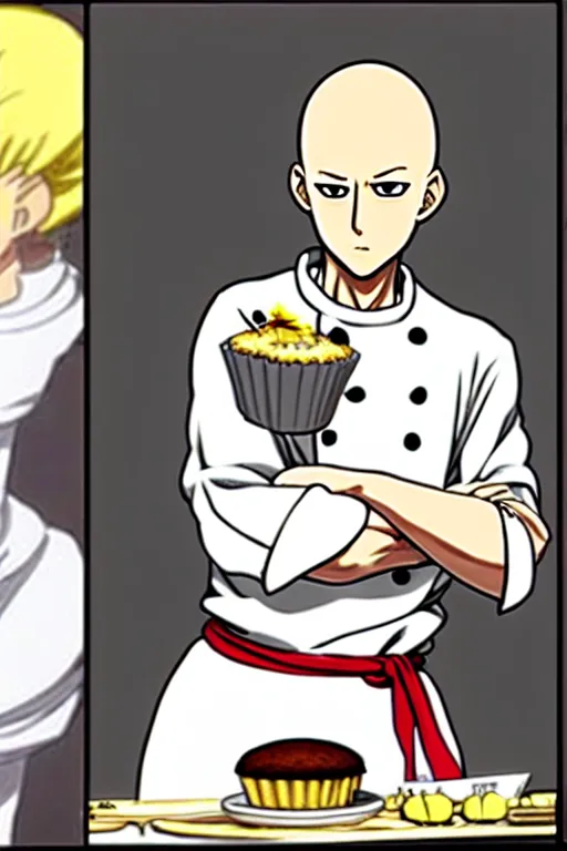 Image similar to chef saitama one punch man, dressed as a pastry chef, making a cake, anime artwork