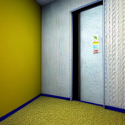 Image similar to 3 d render of jerma 9 8 5, jerma in a liminal space, non - euclidean space, endless halls of an office space, worn mono - yellow 7 0 s wallpaper, old moist carpet, inconsistently - placed fluorescent lighting, high octane, blender, 3 d render