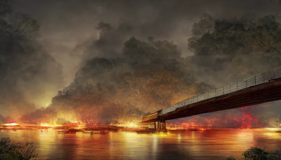 Prompt: a bridge over a river in vietnam, by completely dark black night, yellow and red smoke, helicopters in the sky white projectors, lens flare, black night, lighting and composition, dark, chiaroscuro, highly detailed concept art, radiant light, intricate, war, destruction, sharp focus