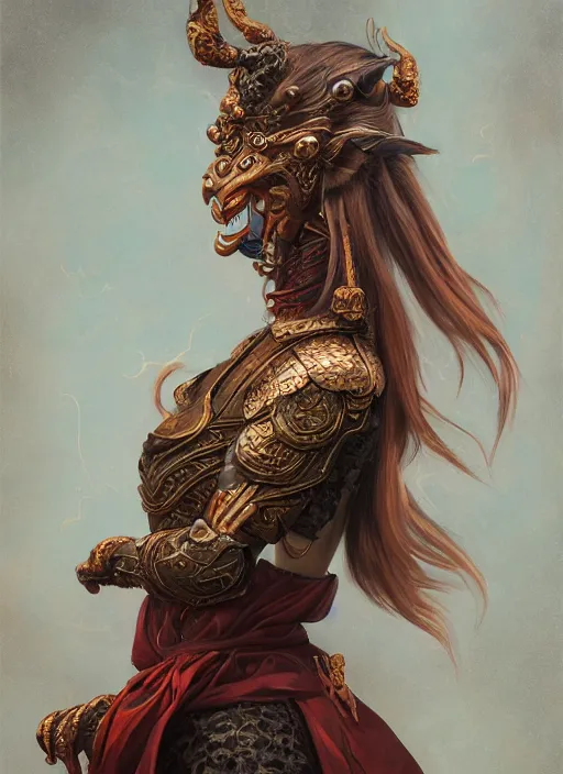 Image similar to a beautiful detailed oil on copper art illustration of a tengu mask shogun dragon woman, centered, by charlie bowater, zeng fanzh, trending on artstation, dim dusk lighting, cinematic lighting, detailed lighting, volumetric lighting, realistic, f 8, 4 k hd wallpaper