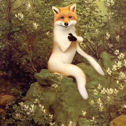 Prompt: !dream a portrait of a small Red Fox in a white magnolia forest in the style Alexandre Cabanel, wide shot