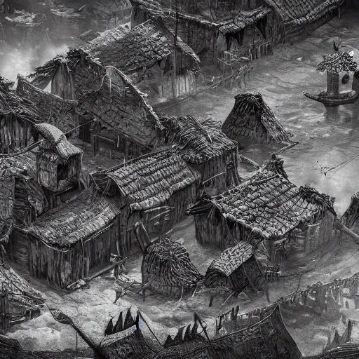 Prompt: vikings plunder the village and kill all the inhabitants, high detail of the environment and characters, detailing even the smallest particles and details, black and white style, 4 k, 8 k, trending on artstation, artstationhd, artstationhq