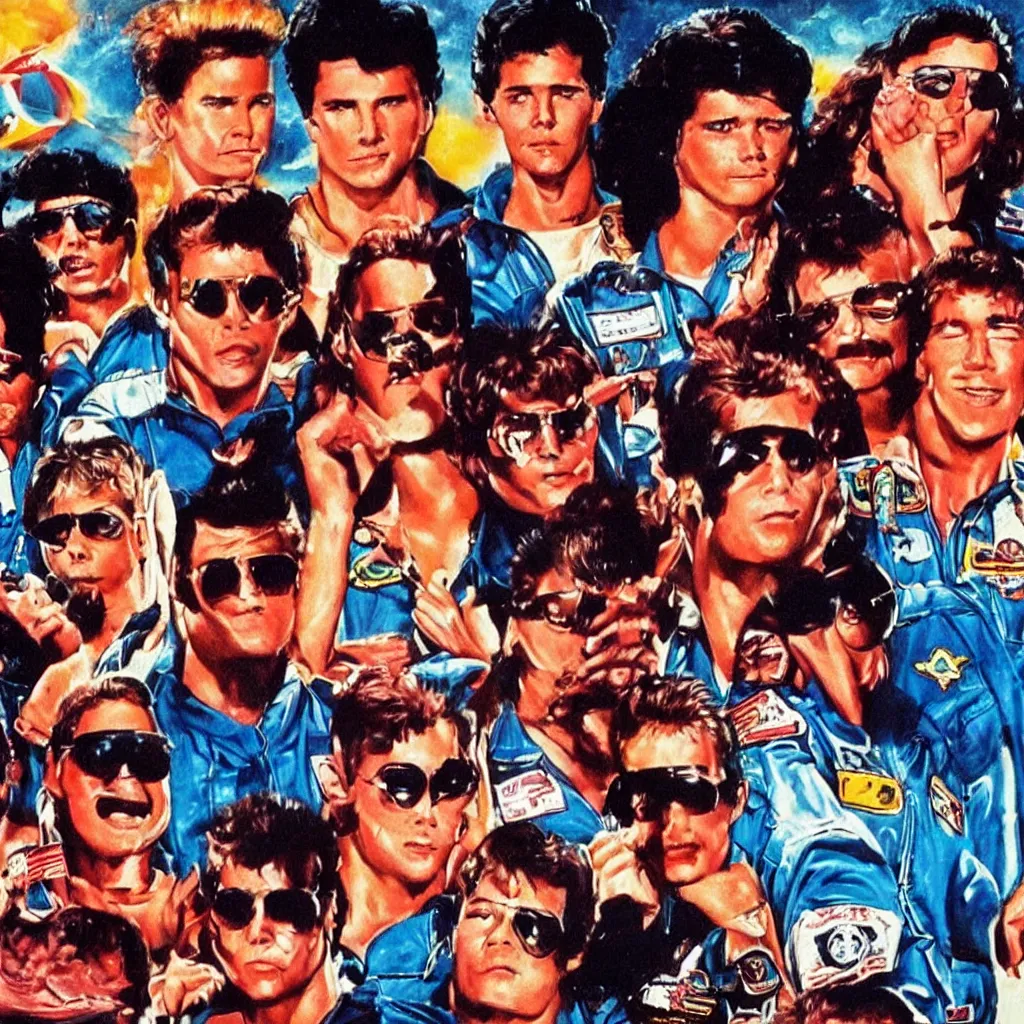 Prompt: 80s album cover, top gun, rocky, ET, goonies, retrowave, synthwave