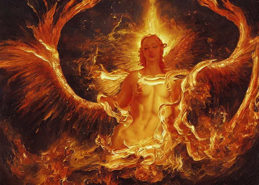 Prompt: firey archangel made of gold flying above a lake of fire, sparkling embers, renaissance oil painting