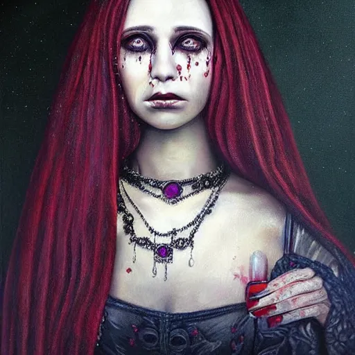 Image similar to a hyperrealistic painting of a beautiful gothic princess crying tears of blood, by Mark Lovett, vivid color, highly detailed,