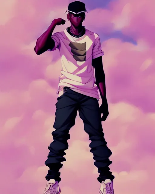 Prompt: handsome hip hop young black man, model pose, confident, anime style, scenery wallpaper aesthetic, pastel colors, symmetrical face, cinematic, dramatic, super detailed and intricate, hyper realistic, 4 k render, by artgerm, by kyoung hwan kim, by ralph mcquarrie, by yoshiyuki tomino