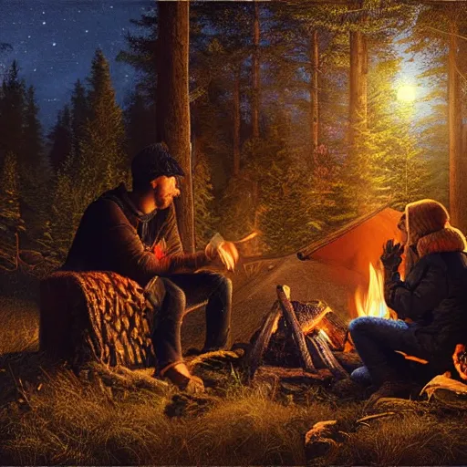 Image similar to guy and girl sitting beside cozy campfire at night, digital art by Ivan Shishkin