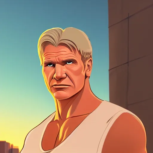 Prompt: portrait of the immensely towering bodybuilder Harrison Ford with beautiful long pale blond hair, posing for a photoshoot in the golden hour, black tank top, broad shoulders and huge thick arms, ambient lighting, 4k, anime key visual, lois van baarle, ilya kuvshinov, rossdraws, artstation