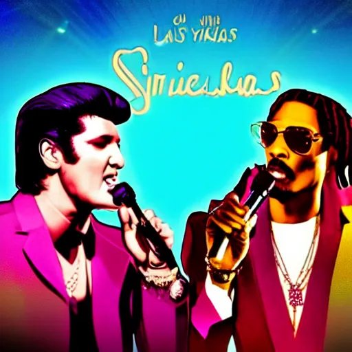 Image similar to elvis presley and snoop dog singing a duet one microphone, in las vegas, detailed, beautiful, colorful, promotional poster, digital art