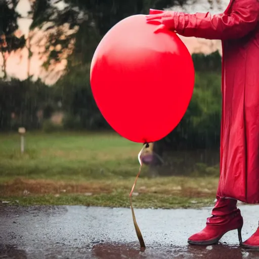 Prompt: A portrait of a lonely poor woman inflating and selling red balloons in a rainy weather at evening sunset