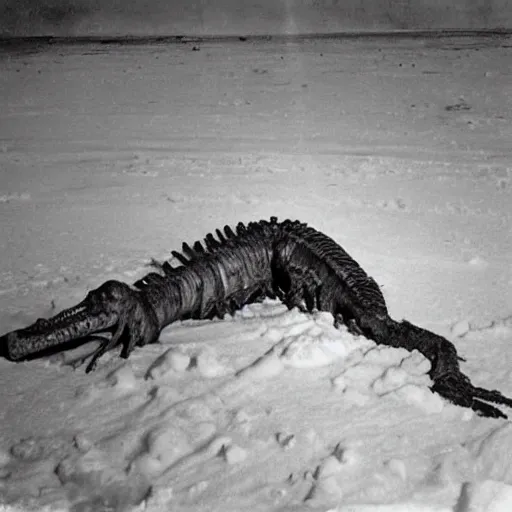 Image similar to a mummified t-rex corpse found in the artic ice and snow, taken by a ww2 camera.