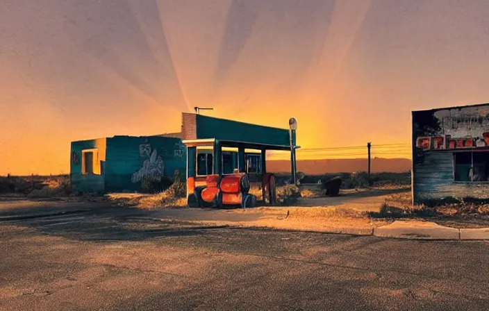 Image similar to a sunset light landscape with historical route 6 6, lots of sparkling details and sun ray ’ s, blinding backlight, smoke, volumetric lighting, colorful, octane, 3 5 mm, abandoned gas station, old rusty pickup - truck, beautiful epic colored reflections, very colorful heavenly, softlight