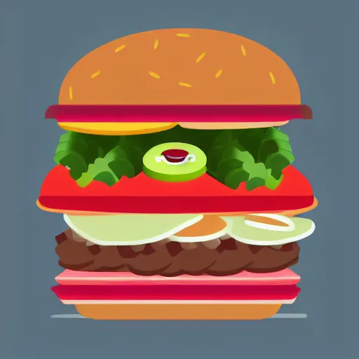 Prompt: lovely hamburger with cute eyes, smiling face, modern flat design style illustration with line elements