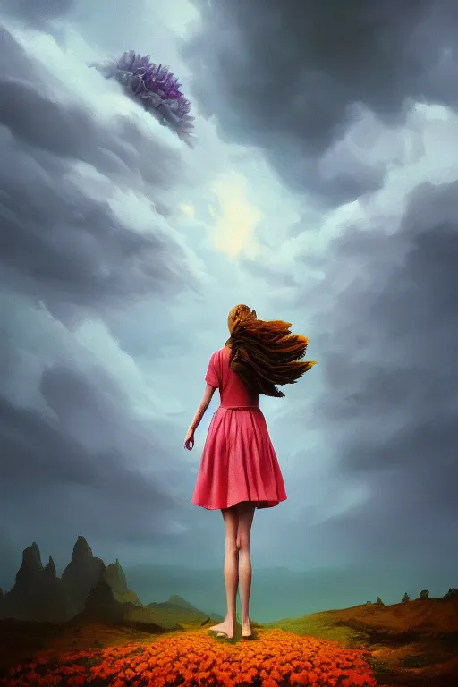 Image similar to closeup giant dahlia flower as head, girl standing on mountain, surreal photography, blue storm clouds, dramatic light, impressionist painting, digital painting, artstation, simon stalenhag