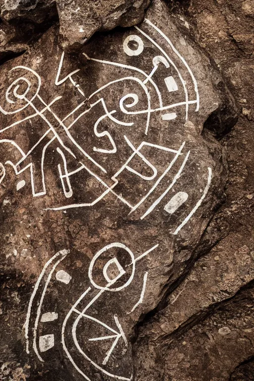 Image similar to 4 k photography of petroglyphs representing crosses, ufo, yin yang symbol on a cave