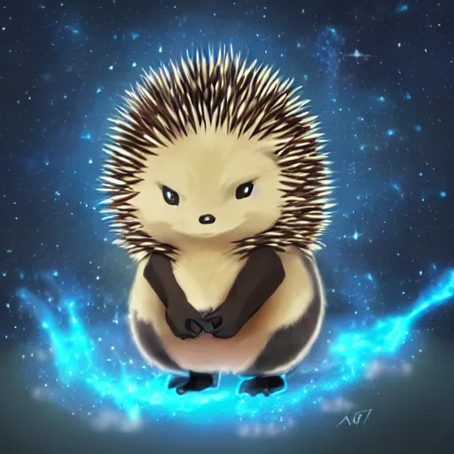 Prompt: A pokemon that looks like A hedgehog, covered with a layer of black Galaxy ，Trending on art station. Unreal engine.