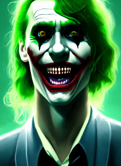 Image similar to portrait of jared leto as the joker, green hair, intricate, elegant, glowing lights, highly detailed, digital painting, artstation, concept art, sharp focus, illustration, art by wlop, mars ravelo and greg rutkowski