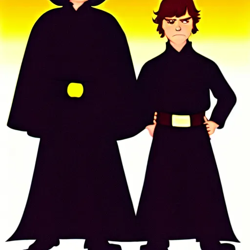 Image similar to cartoon of anakin skywalker and luke skywalker standing proudly shoulder to shoulder