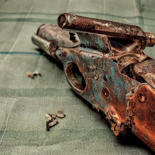 Prompt: An old rusty pistol on a napkin, deeply rusted, water damage, bullet beside it,