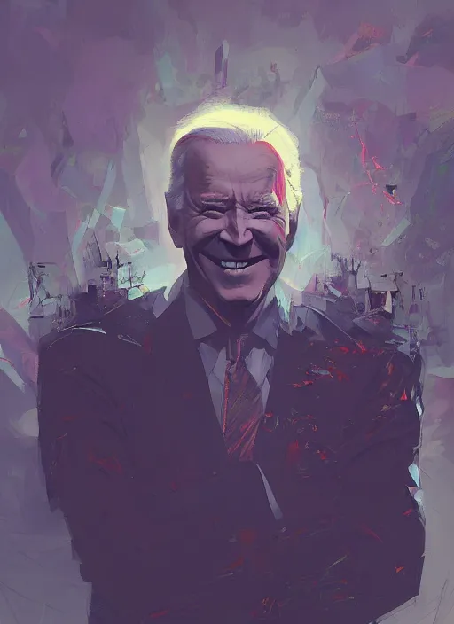 Image similar to dark Joe Biden grinning emperor of the world with big american devil horns, high contrast, cosmic horror, abstract, masterpiece, trending on ArtStation, by Greg Rutkovski and by Craig Mullins and by David Cronenberg and by Ismail Inceoglu