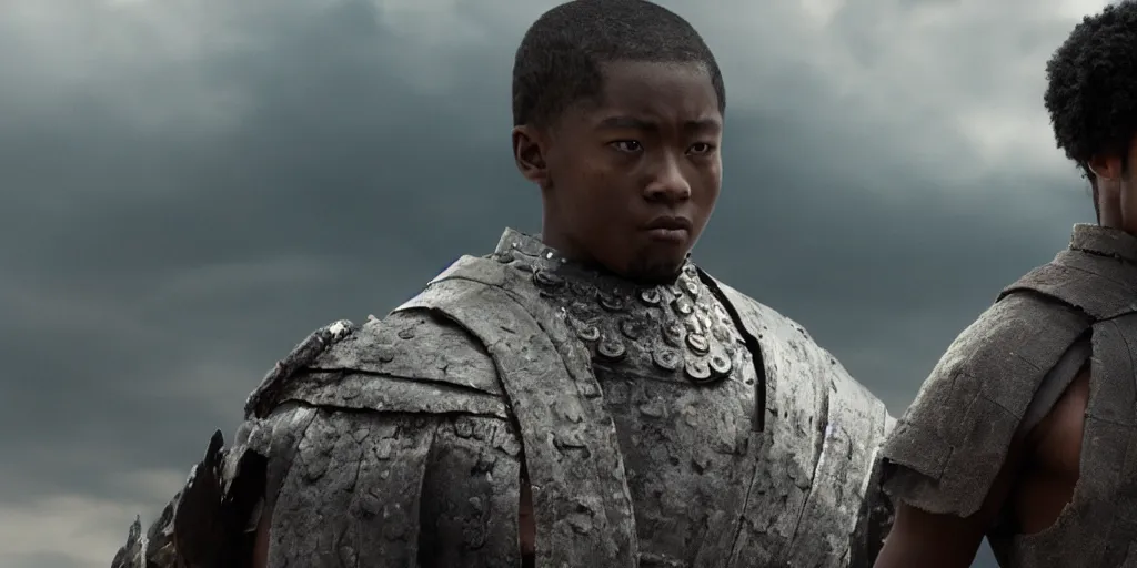 Image similar to a film still of a black boy starring in a japanese blockbuster film as ancient samurai, intense, shallow depth of field, cinematic, award winning cgi, vfx, film still