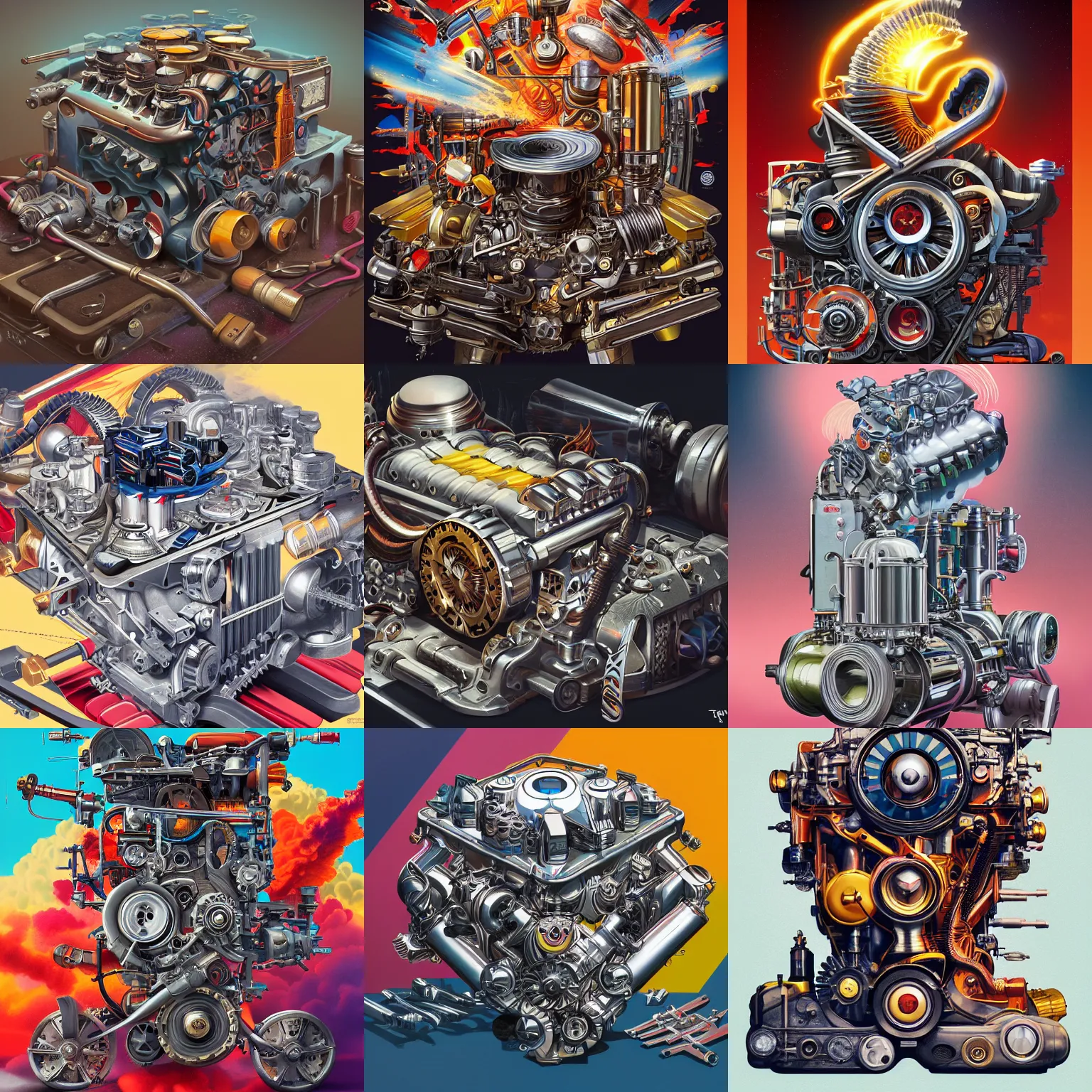 Prompt: exploded view illustration of a combustion engine by Tristan Eaton, Stanley Artgerm, Tom Bagshaw, bright colors, direct sunlight, harsh shadows, 8k high definition