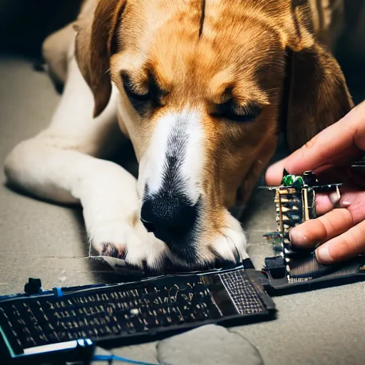 Prompt: detailed photo of a dog fixing an open CPU with tools in its hands, dog is fixing PC, dlsr photo