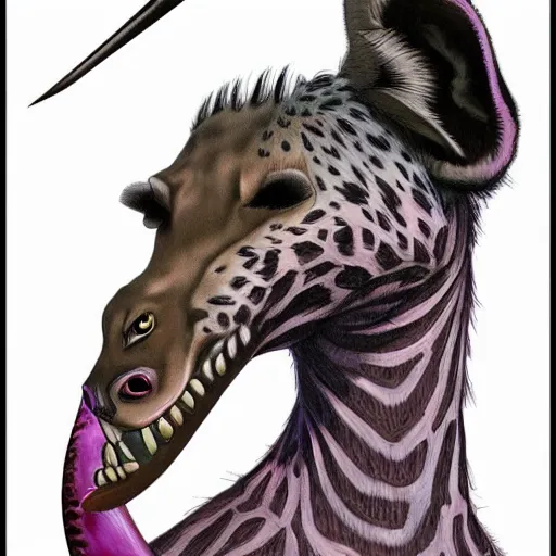 Image similar to painting of a hybrid between a hyena and a giraffe, in the style of wayne barlowe