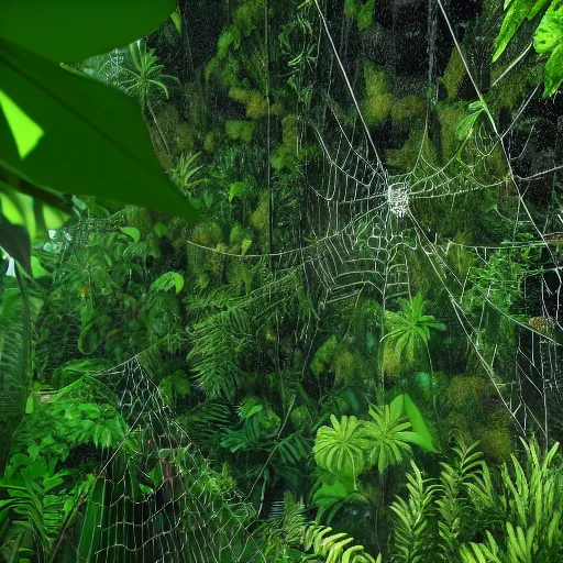 Image similar to jungle filled with spider web, ultra realistic, intricate details, highly detailed, photorealistic, 8 k, vegetation, water