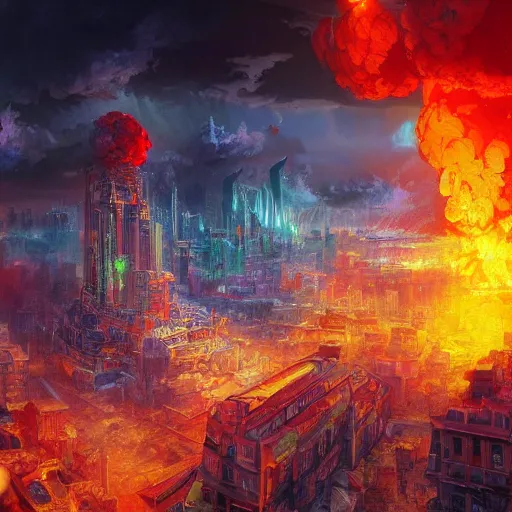 Prompt: a nuclear explosion in the center of a city, huge blast, vibrant colors, extremely detailed digital painting, in the style of Fenghua Zhong and Ruan Jia and Jermy lipking and peter mohrbacher, mystic colors, highly detailed, deep aesthetic, 8k, highly ornate intricate details, cinematic lighting, rich colors, digital artwork, ray tracing, hyperrealistic, photorealistic, cinematic landscape, trending on artstation,