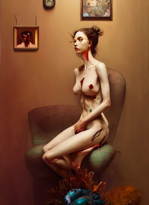 Image similar to a hyper realistic painting of a beautiful woman in a luxurious apartment, gorgeous lighting, painting by chiara bautista and beksinski and norman rockwell and greg rutkowski weta studio, and lucasfilm