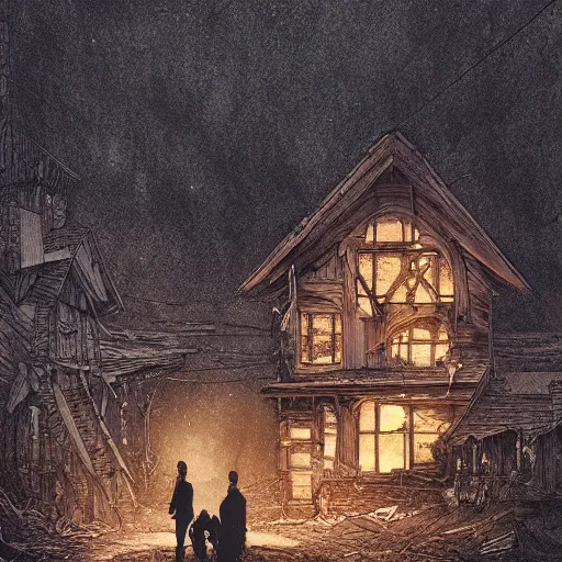 Image similar to two husbands leave each other inside broken wooden house, detailed intricate ink illustration, dark atmosphere, detailed illustration, hd, 4k, digital art, overdetailed art, concept art, by greg rutkowski, by loish, complementing colors, Trending on artstation, deviantart