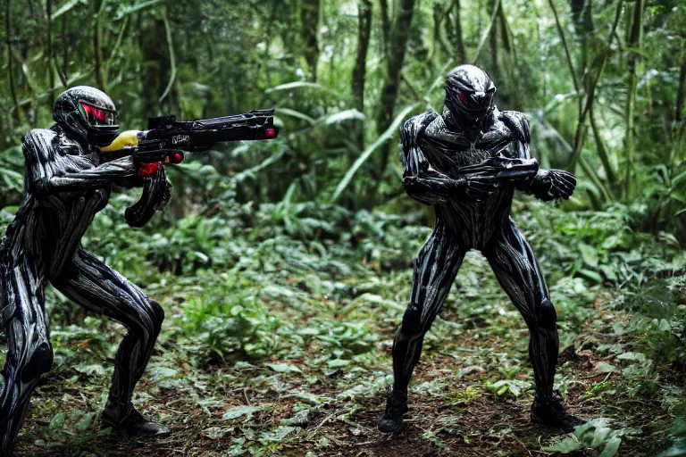 Prompt: Crysis Nanosuit shooting at enemies in a jungle combat photography 2022, Canon EOS R3, f/1.4, ISO 200, 1/160s, 8K, RAW, unedited, symmetrical balance, in-frame,