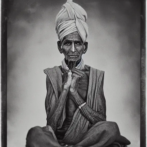 Prompt: photo, portrait of 100 year old Indian holy man by richard avedon, realistic, Leica, medium format, cinematic lighting, wet plate photography, parallax, high resolution,