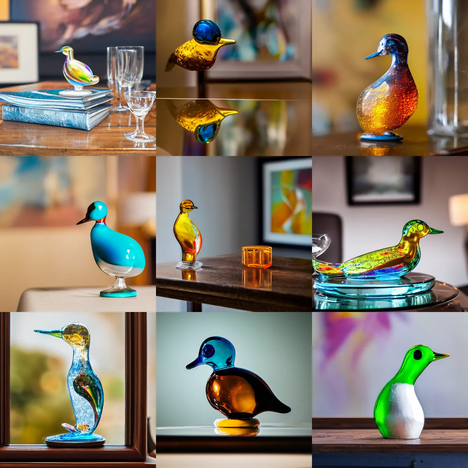 Prompt: a close up photo of a glass duck on a table, a painting in the background, professional photography, sigma 2 4 mm f / 4