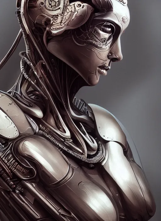 Image similar to beautiful portrait of an alien cyborg, style of Feng Zhu, Artstation geometric, aesthetic, big eyes, smooth skin, angelic, unique features, symmetrical, intricate crown, high fashion, streetwear, cyberpunk, detailed, octane render, cinematic, 8k, brown skin, retro sci fi film, Stanisław Szukalski + Moebius,