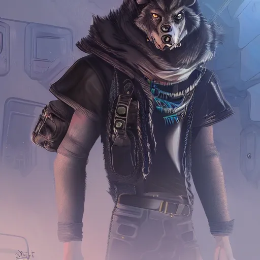 Image similar to A Wolf Scoundrel, Furry, Cyberpunk, digital art, award winning, artstation, masterpiece, very detailed,