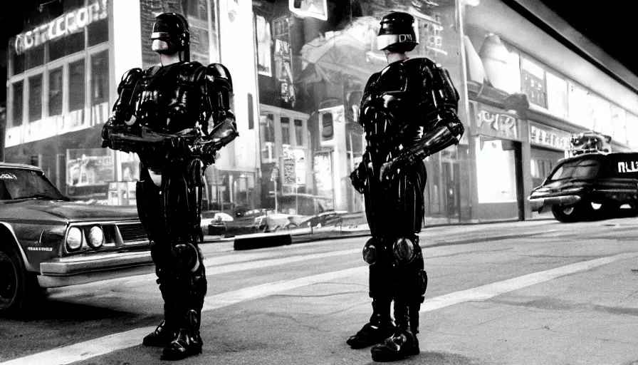 Prompt: peter weller in robocop costume, standing under a street lamp at night in downtown future detroit. leaning against a futuristic police car. criterion collection, movie still. 7 0 mm. imax. film.