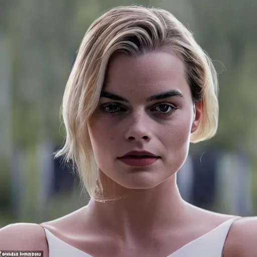 Image similar to a woman who is a genetic combination of margot robbie and emma watson face and upper - body focus