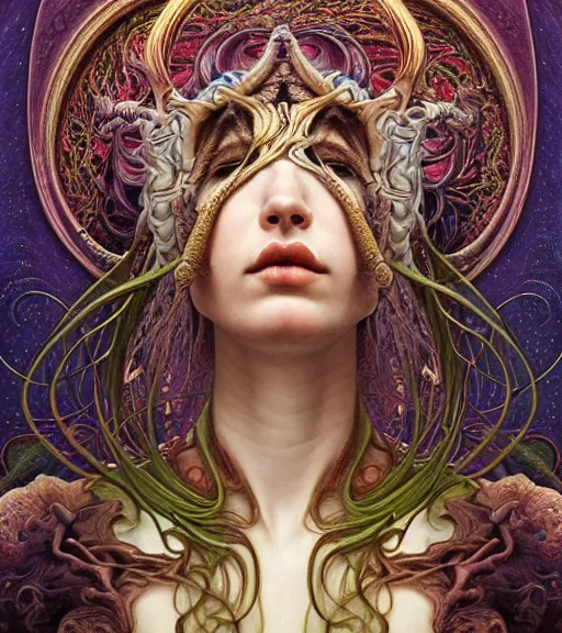 Image similar to detailed realistic beautiful young groovypunk queen of andromeda galaxy in full regal attire. face portrait. art nouveau, symbolist, visionary, baroque, giant fractal details. horizontal symmetry by zdzisław beksinski, iris van herpen, raymond swanland and alphonse mucha. highly detailed, hyper - real, beautiful