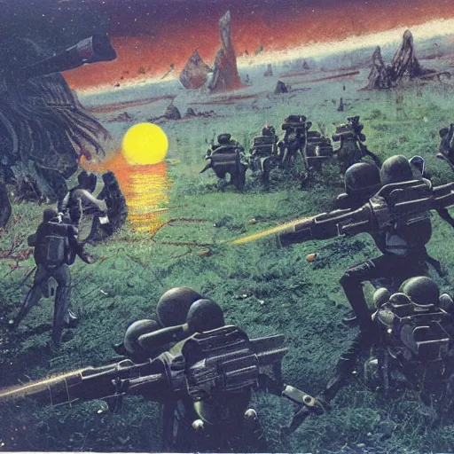 Prompt: armored squad in the acid swamps of venus, vintage, 1 9 5 0 s sci - fi art, by ed emschwiller