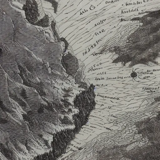 Prompt: a beautiful vintage drawing of a map of a fantasy world seen from above with mountains, rivers and cities, satellite view by edmund dulac and gustave dore, trending on artstation