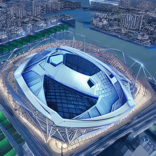 Prompt: a futuristic stadium floating in the middle of a city, hex shaped, hexadome, blue energy field hexagonal dome, unreal engine, epic lighting, crowd cheering, cell shading style