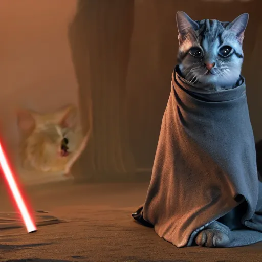 Prompt: a master jedi cat in star wars, wearing a jedi cloak hood, hyper realistic stills from the movie, volumetric lighting, 8 k resolution