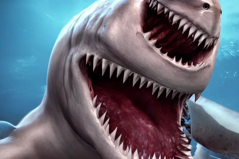 Image similar to a humanized shark made of muscles and flesh, very angry, teeth, ambient light, terror, glows, realistic, photo-realism, hyper realism, picture, detailed, 3D render, scary, distant shot, in the distance,